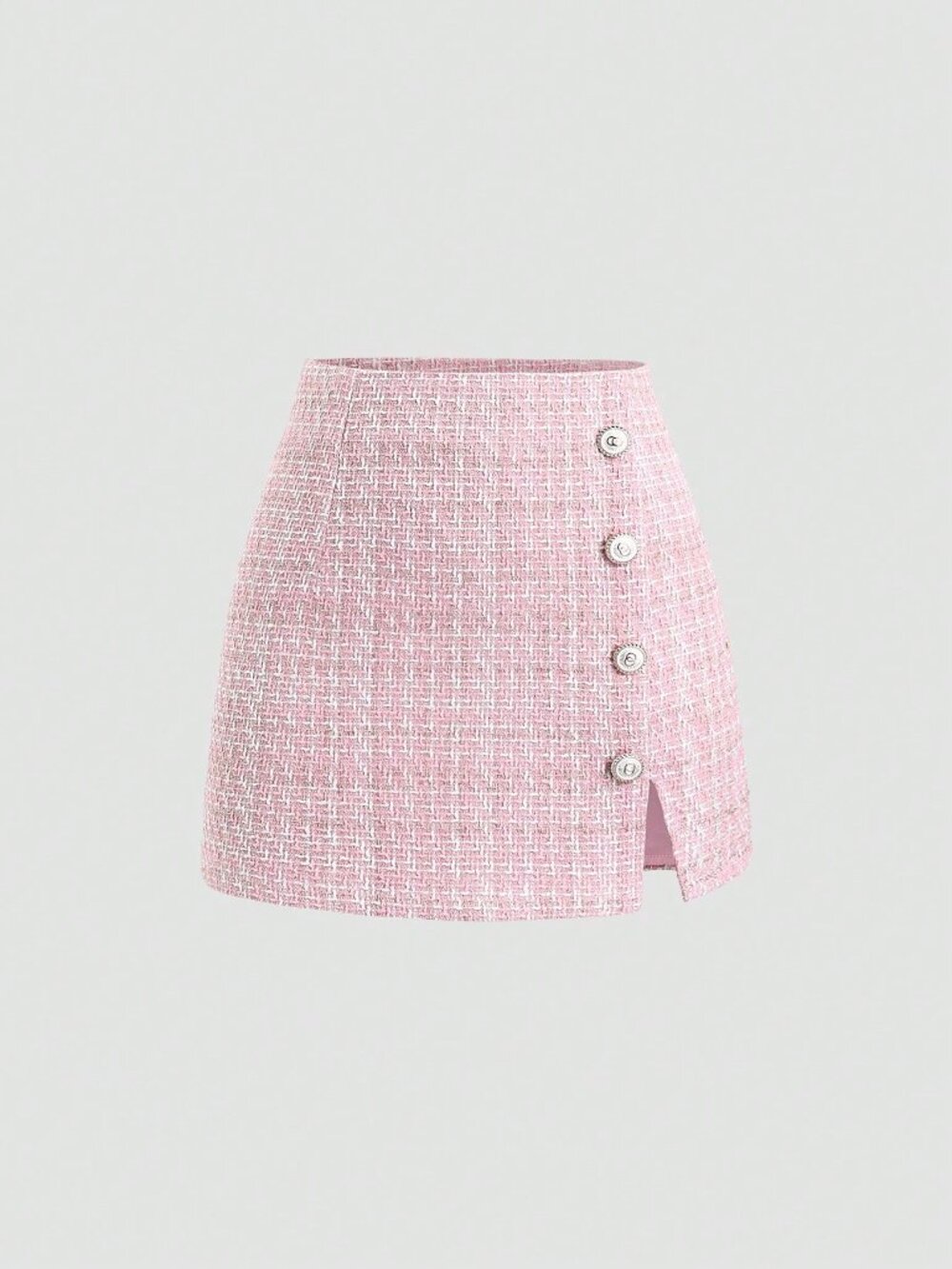 Pink Elegant Women's Tweed High Waist A-Line Slit Decor Button Mini Skirt